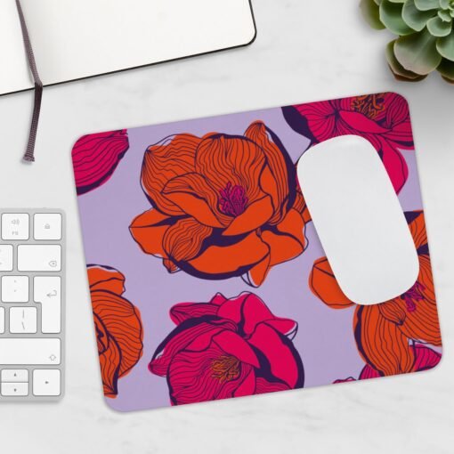 Custom neoprene mouse pad with vibrant red and pink flowers on a soft purple background, non-slip surface, and soft texture