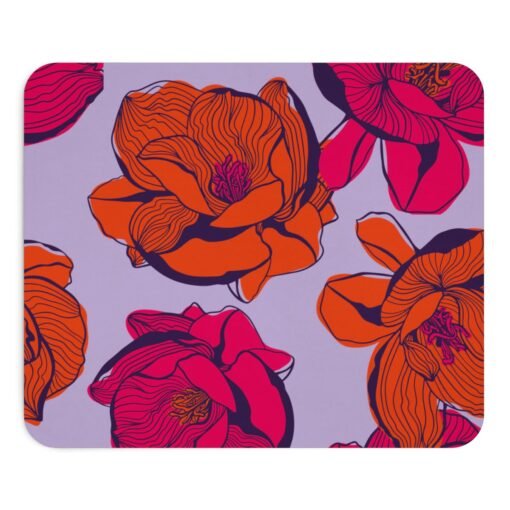 Custom neoprene mouse pad with vibrant red and pink flowers on a soft purple background, non-slip surface, and soft texture