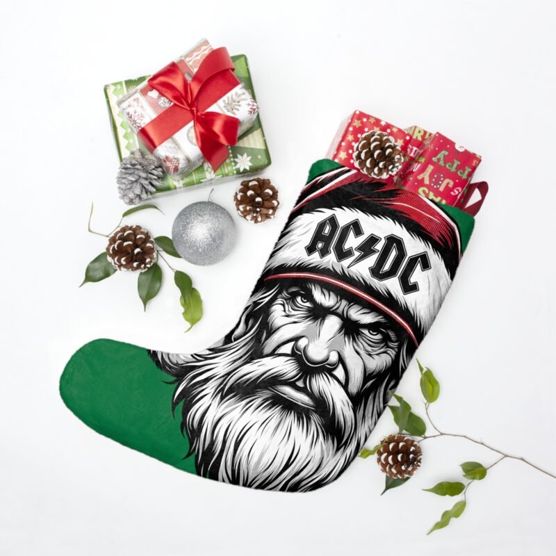 Christmas stocking featuring the lead singer of AC/DC with a Christmas hat, made from soft polyester fleece, ideal for adding a classic rock element to holiday decorations