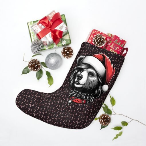 Festive Mama Bear Christmas stocking in a rock-style design, perfect for adding a unique and stylish touch to mom's holiday decor.