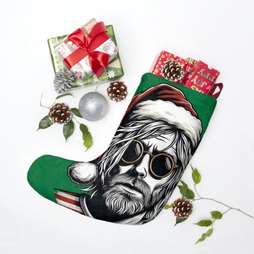 Large Christmas stocking featuring the head of Kurt Cobain from Nirvana with a Christmas hat, made from soft polyester fleece, ideal for adding a unique rock twist to holiday decorations