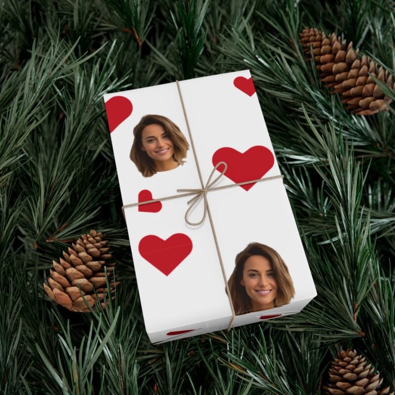 Elegant and personalized gift wrap with a clean white background, adorned with red hearts, perfect for customizing with a portrait for Valentine's Day and romantic occasions.