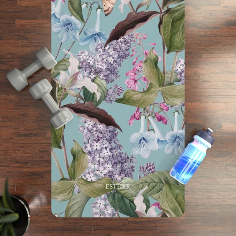 Personalized yoga mat with vibrant floral, pattern, and bird prints, customizable with your name, featuring a microfiber top and anti-slip rubber bottom.