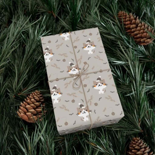 Chic and stylish beige Christmas gift wrap featuring a super cute cat and elegant ornaments, perfect for adding a tasteful touch to holiday gifts.