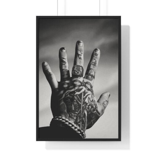 Detailed framed poster of Post Malone's tattooed hand, highlighting the artistic ink work in black and white, symbolizing personal expression.