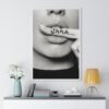 Artistic black and white poster of a young woman with her finger before her lips marked with "shhh...," symbolizing elegance and silence, perfect for creating a sophisticated atmosphere.