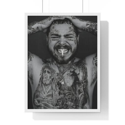 Close-up framed poster of Post Malone in a smoking pose, showcasing his unique tattoos and grills, in black and white, embodying the essence of his rebellious spirit.