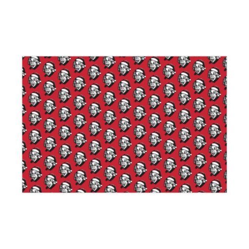 Red gift wrap paper featuring Albert Einstein with his tongue out and wearing a Christmas hat, available in matte and satin finishes, perfect for wrapping gifts with a fun, intellectual twist