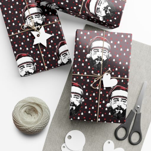 Innovative Post Malone themed gift wrap with a minimalist candy pattern on a dark background, ideal for wrapping unique and stylish holiday presents.