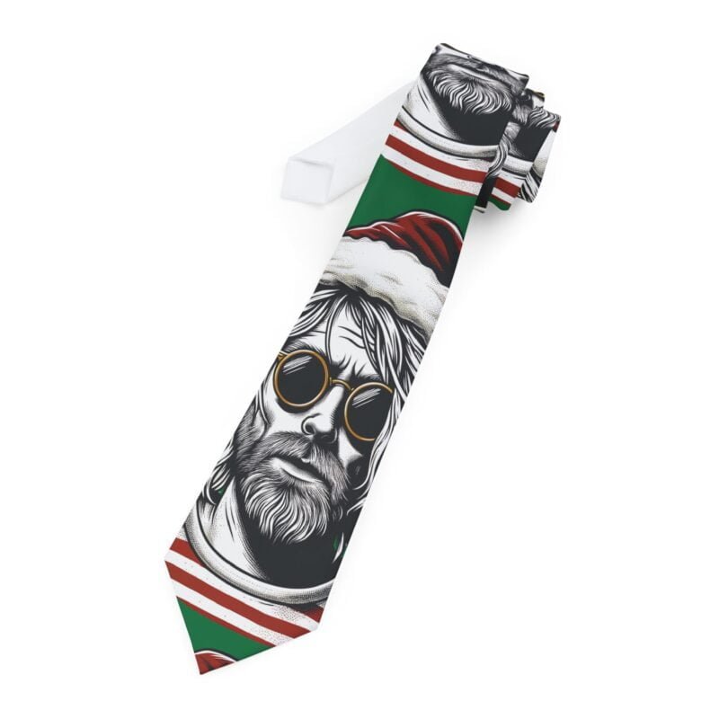 Green necktie featuring a close-up of Kurt Cobain with a Christmas hat, crafted from silky polyester, perfect for adding a playful and distinctive touch to any ensemble