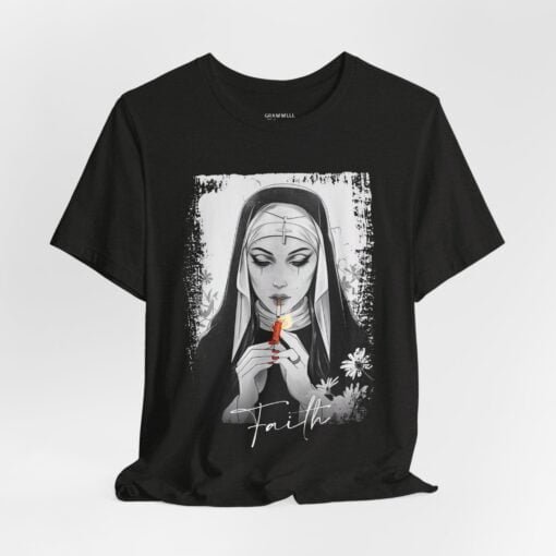 Edgy grunge-style tee featuring a gothic nun lighting a cigarette with a sparkler, with the word 'Faith' in elegant script below.