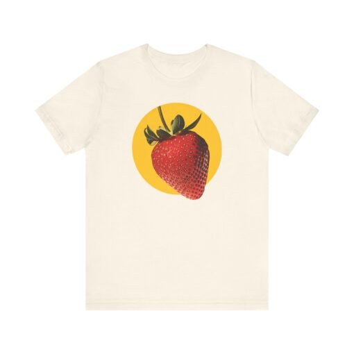 Stylish strawberry graphic tee in a retro design, inspired by pop culture and berry humor, suitable for all