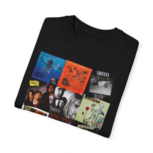 Nirvana t-shirt featuring a collage of 12 iconic album covers, available in multiple colors and sizes, perfect for fans of 90s rock and grunge.