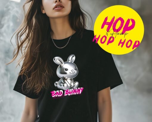 Provocative Bad Bunny shirt featuring a 3D chrome rabbit and bold magenta text with a spraycan splatter effect for a streetwise look. Rebel Tee Grawwlll Tshirt Wear