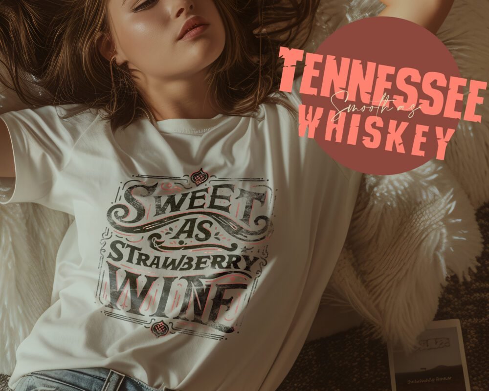 Feminine tee with 'Sweet as Strawberry Wine' in sketched typography and red accents, inspired by Chris Stapleton's music.