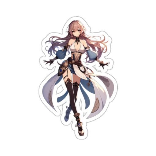 Kiss-cut vinyl sticker of an anime manga beautiful gorgeous girl in a cool and tough pose, perfect for showcasing strength and beauty on any item