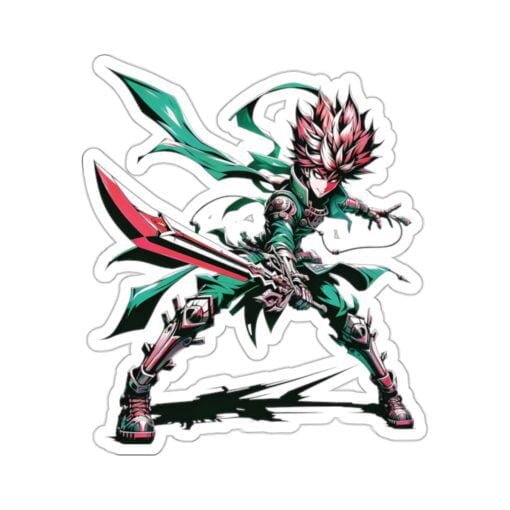 Kiss-cut vinyl sticker of an anime manga warrior man in full battle mode, ideal for adding a touch of cool and tough spirit to your belongings