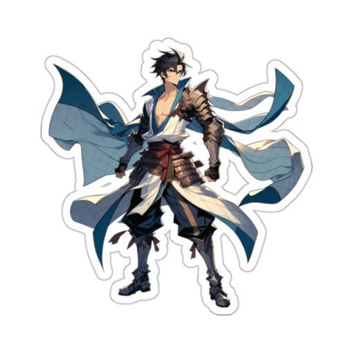 Kiss-cut vinyl sticker of an anime manga warrior man in an intense battle pose, ideal for showcasing your love for cool and tough anime characters