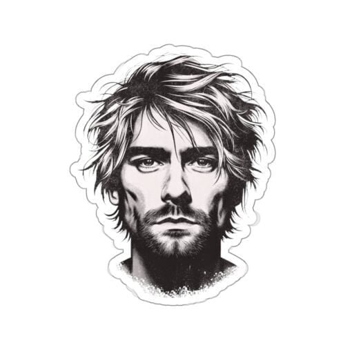 Kiss-cut vinyl sticker of Kurt Cobain’s head in a classic black and white photo, adding a touch of Nirvana’s legacy to personal items