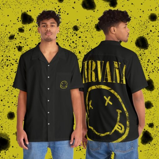 Nirvana Hawaiian Shirt featuring the iconic yellow smiley logo on the front pocket and back, perfect for grunge music lovers.