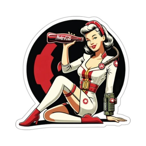 Kiss-cut vinyl sticker of a Nuka Cola pin-up girl from the Fallout game, holding a bottle of Nuka Cola, ideal for adding a vintage flair to your items