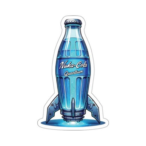 Kiss-cut vinyl sticker of a blue Nuka Cola Quantum bottle from the Fallout game, perfect for adding a radioactive glow to your items