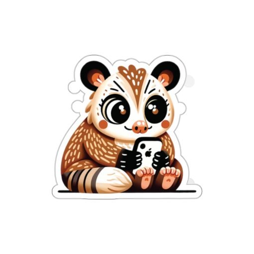 Cute possum looking at phone vinyl sticker with a glossy finish, adding a charming touch to personal items