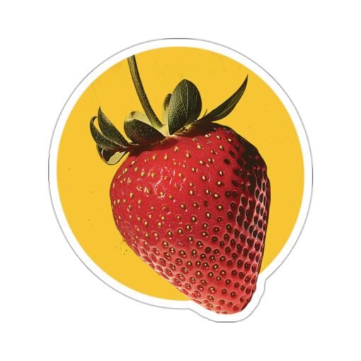 Kiss-cut vinyl sticker of a vibrant, vintage-style strawberry on a bright yellow background, perfect for adding a retro touch to any item