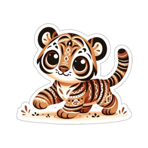 Charming kiss-cut sticker of a super cute baby tiger in sophisticated brown tones, adding a touch of elegance to personal items