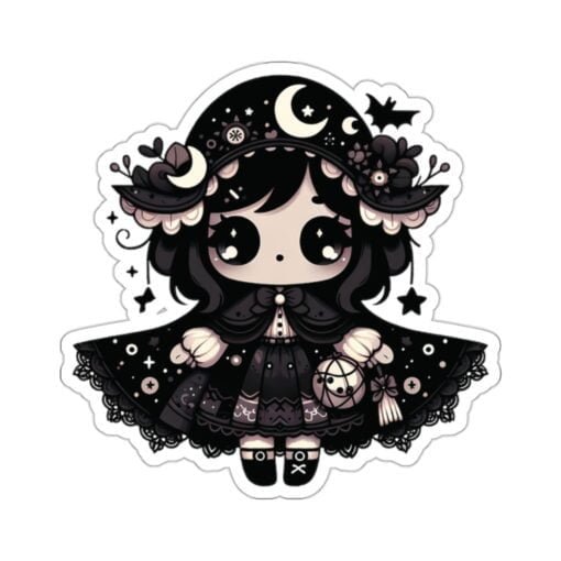 Kiss-cut vinyl sticker of a super cute little goth witch, ideal for infusing a playful yet dark gothic vibe into your gear